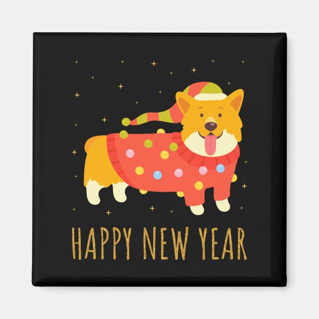 Imán Happy Dog Corgi Celebrating New Year Cozy Christma (Frente)