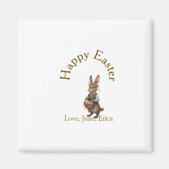 Imán Happy Easter brown bunny with eggs love add name  (Frente)