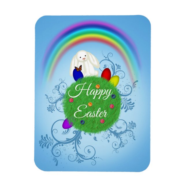 Imán Happy Easter Colorful Planet & Rainbow Cute Bunny (Vertical)