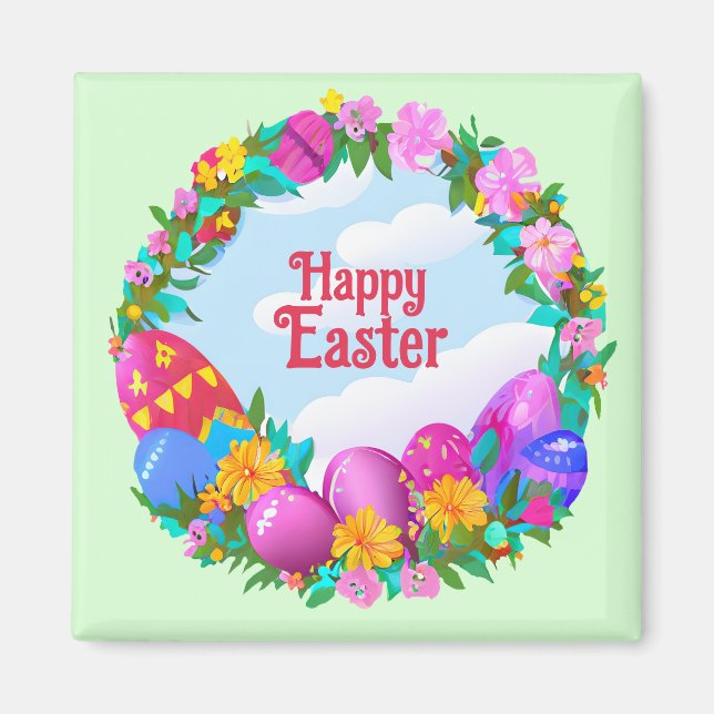 Imán Happy Easter Eggs Floral Wreath (Frente)