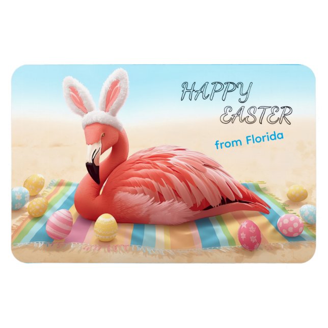 Imán Happy Easter from Florida Flamingo Bunny on Beach (Horizontal)