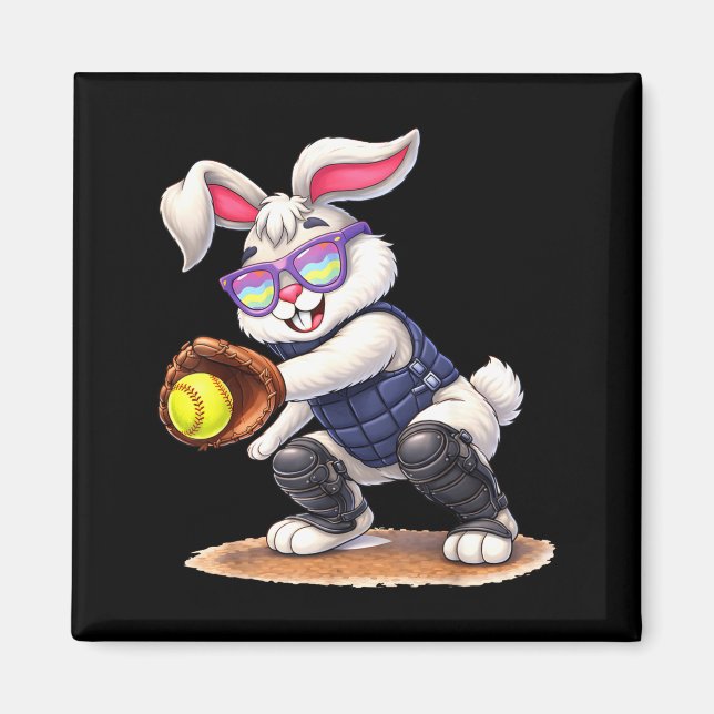 Imán Happy easter holiday bunny playing softball (Frente)