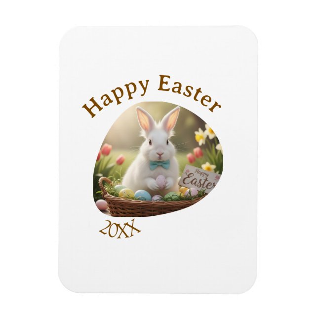 Imán Happy Easter white bunny year photo family name  (Vertical)