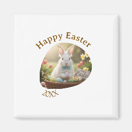 Imán Happy Easter white bunny year photo family name 