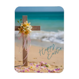 Imán Happy Easter Wooden Cross and Lilies on Beach