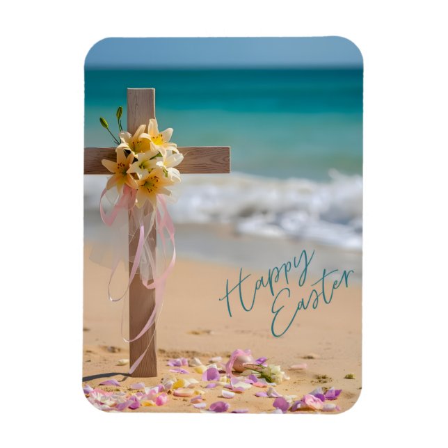 Imán Happy Easter Wooden Cross and Lilies on Beach (Vertical)