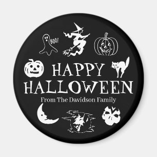 Imán Happy Halloween custom name black white spooky