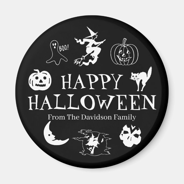 Imán Happy Halloween custom name black white spooky (Frente)