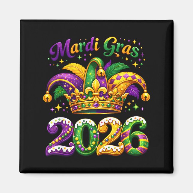 Imán Happy Mardi Gras 2026 Jester Hat New Orleans Men W (Frente)