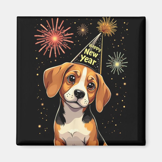 Imán Happy New Year 2025 Eve Firework Dog Funny Beagle  (Frente)