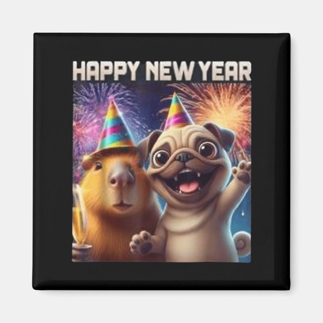 Imán Happy New Year 2026 Capybara Pug Party Art  (Frente)