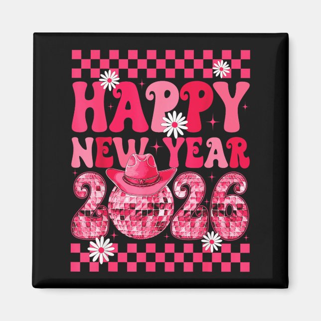 Imán Happy New Year 2026 Cowgirl Cowboy Disco Ball Girl (Frente)