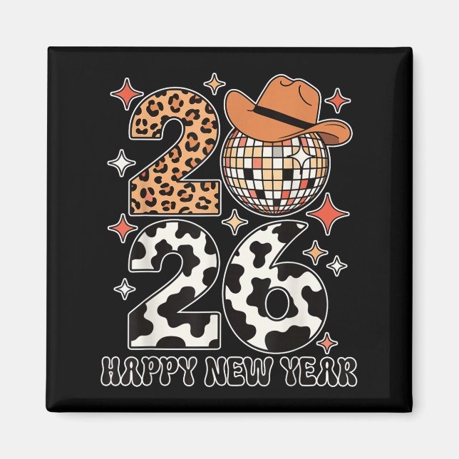 Imán Happy New Year 2026 Cowgirl Disco Ball Western Leo (Frente)