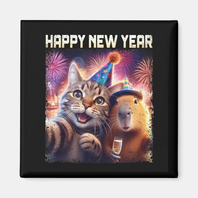 Imán Happy New Year 2026 Cute Cat Capybara Party Art  (Frente)