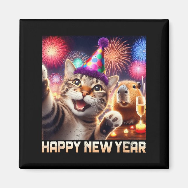 Imán Happy New Year 2026 Cute Cat Capybara Party Art  (Frente)