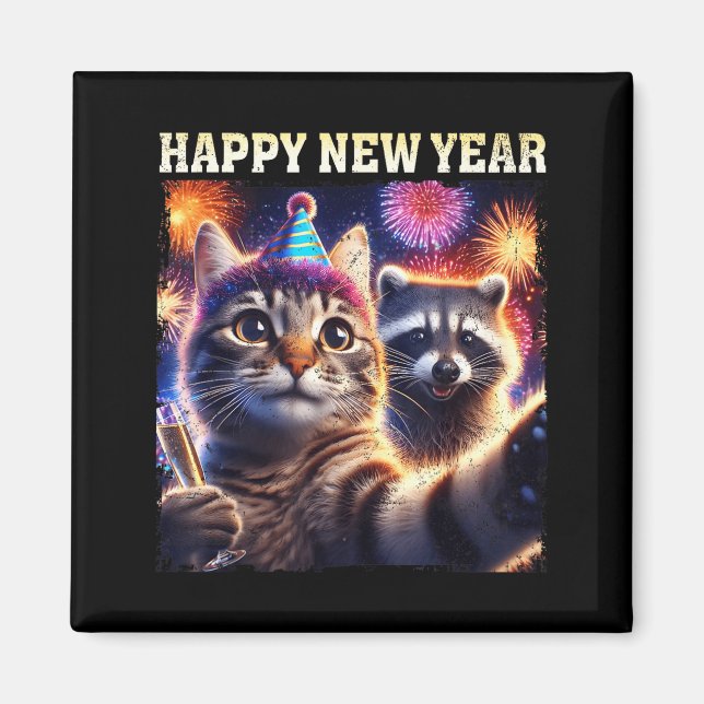 Imán Happy New Year 2026 Cute Cat Raccoon Celebration  (Frente)