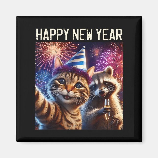 Imán Happy New Year 2026 Cute Cat Raccoon Celebration  (Frente)