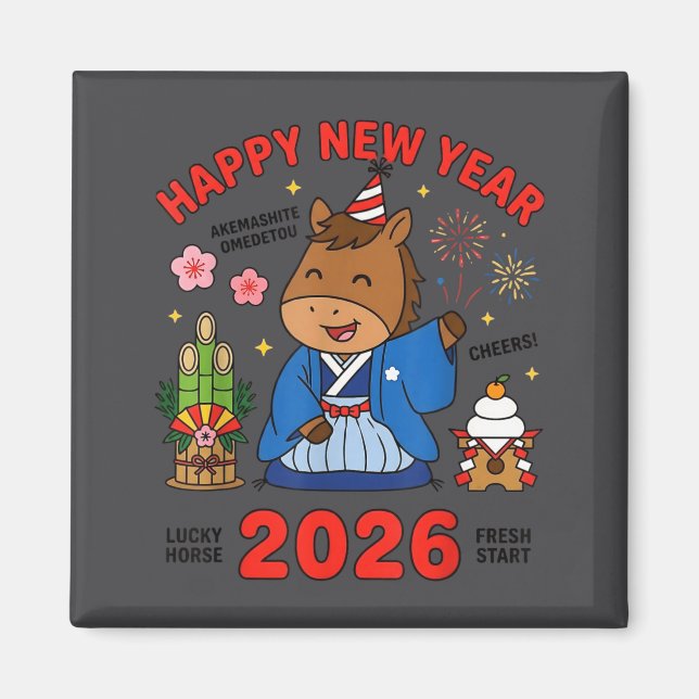 Imán Happy New Year 2026 Cute Horse Japanese Celebratio (Frente)