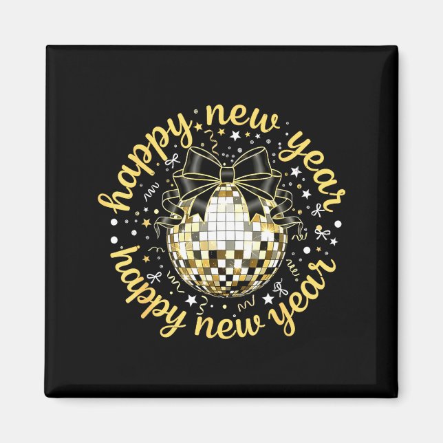 Imán Happy New Year 2026 Disco Ball Gold Bow Coquette C (Frente)