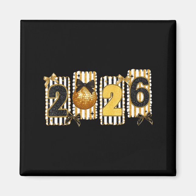 Imán Happy New Year 2026 Disco Ball Gold Coquette Bow F (Frente)