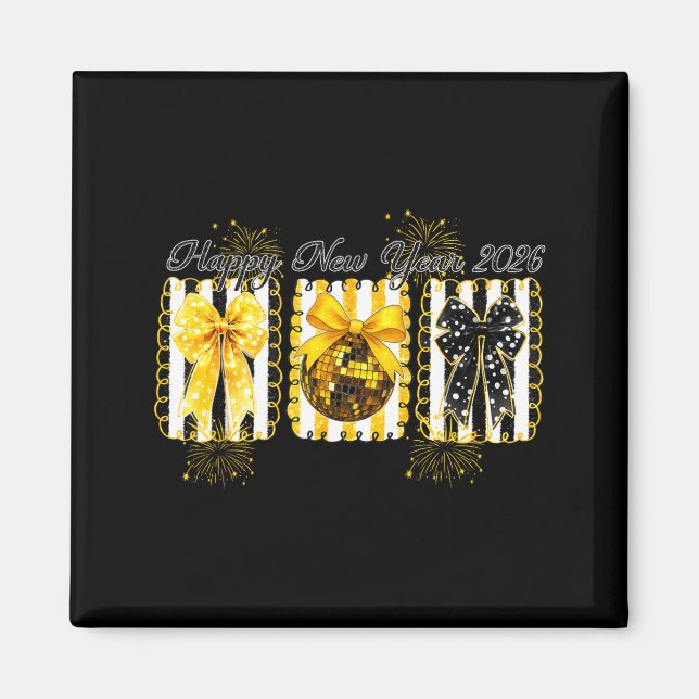 Imán Happy New Year 2026 Disco Ball Gold Coquette Bow F (Frente)