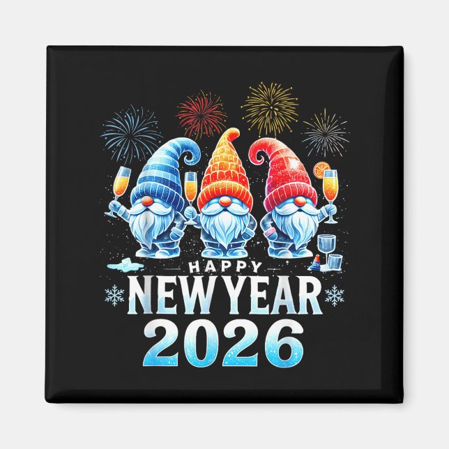 Imán Happy New Year 2026 Gnomes Family Party New Years  (Frente)