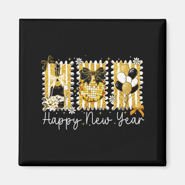 Imán Happy New Year 2026 Gold Coquette Bow Disco Ball C (Frente)