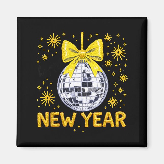 Imán Happy New Year 2026 Golden Disco Ball Bow New Year (Frente)