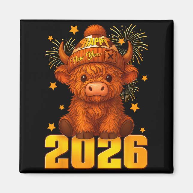 Imán Happy New Year 2026 Highland Cow &amp; Party Hat N (Frente)