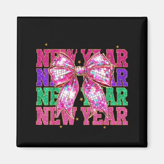 Imán Happy New Year 2026 Nk Coquette Bow Disco Ball Cou (Frente)