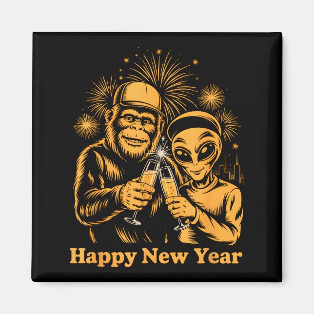 Imán Happy New Year Bigfoot And Alien Sasquatch Firewor (Frente)