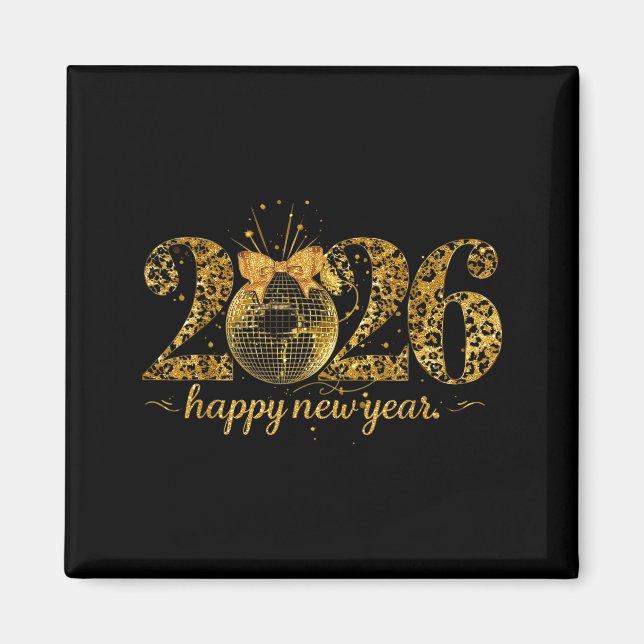 Imán Happy New Year Cute Gold Disco Ball Bow New Year's (Frente)