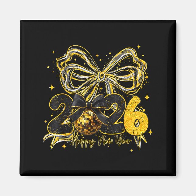 Imán Happy New Year Cute Gold Disco Ball Bow New Year's (Frente)