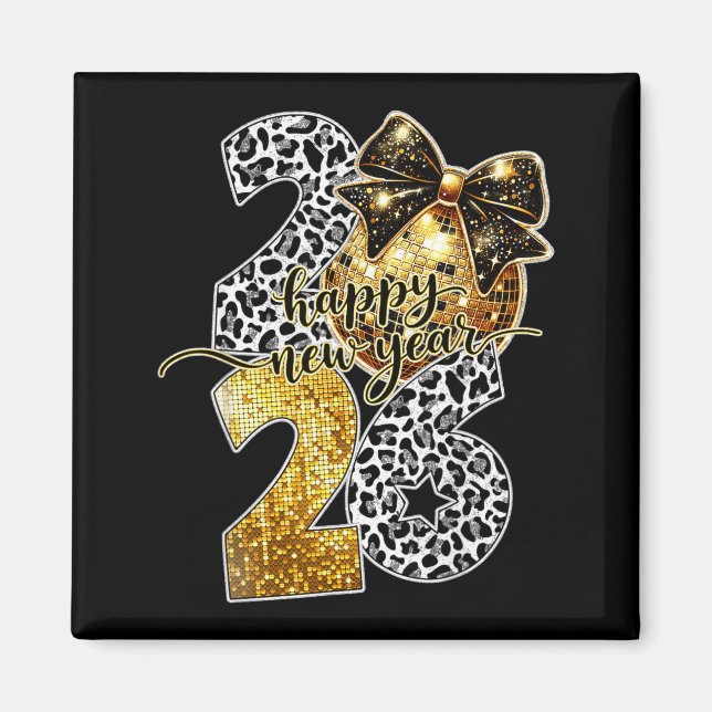 Imán Happy New Year Cute Gold Disco Ball Bow New Year's (Frente)