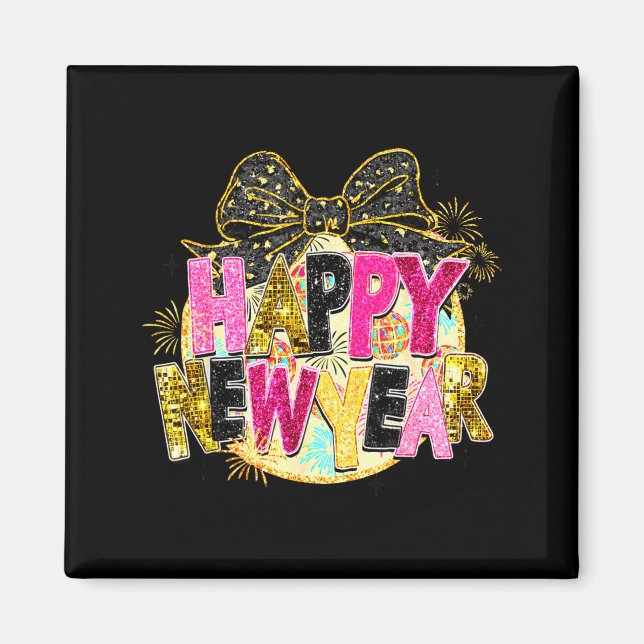 Imán Happy New Year Disco Ball Coquette Bow New Years E (Frente)