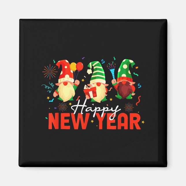 Imán Happy New Year Three Gnomes Fireworks Confetti Nye (Frente)