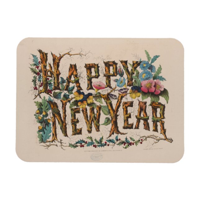 Imán  Happy New Year, Vintage Currier & Ives Print (Horizontal)