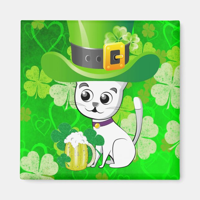 Imán Happy St. Patrick's Day Magnets Shamrock Cat Beer (Frente)