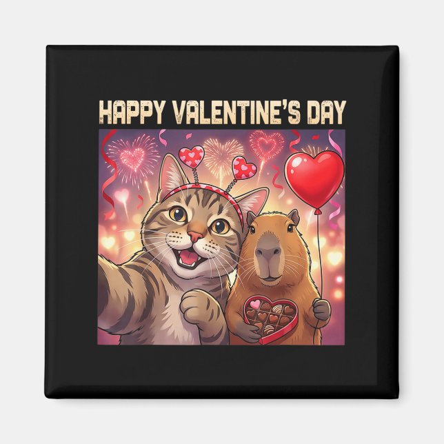 Imán Happy Valentines 2026 Cute Cat Capybara Party Art  (Frente)