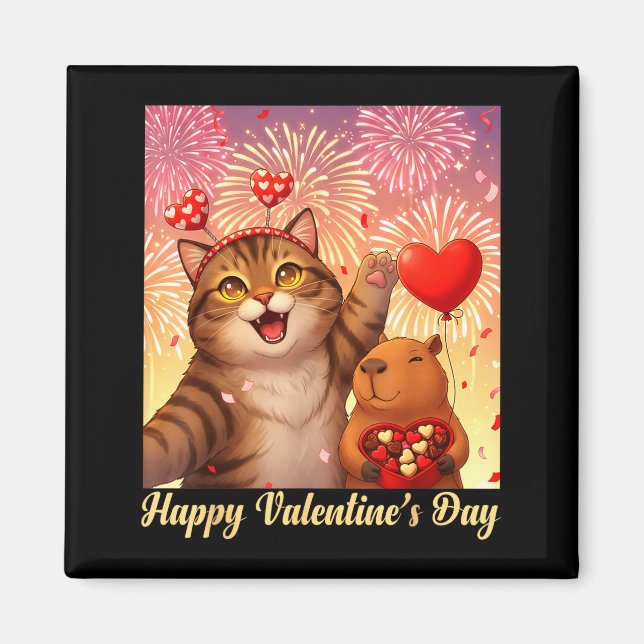 Imán Happy Valentines 2026 Cute Cat Capybara Party Art  (Frente)