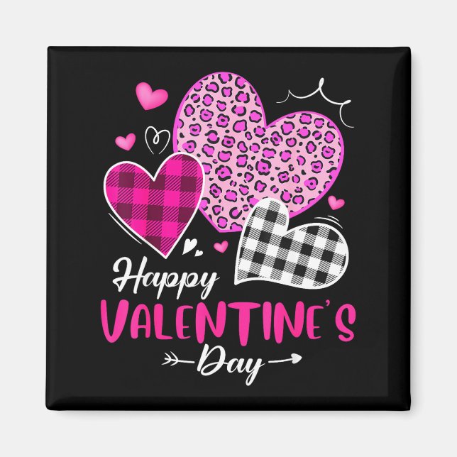 Imán Happy Valentine's Day Leopard And Plaid Hearts Gir (Frente)