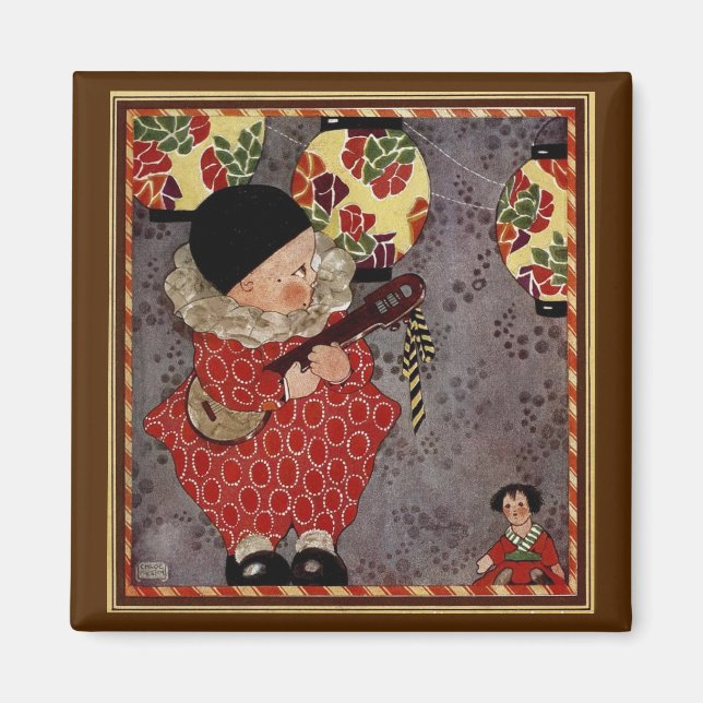 Imán Harlequin infantil vintage, músico tocando banjo (Frente)