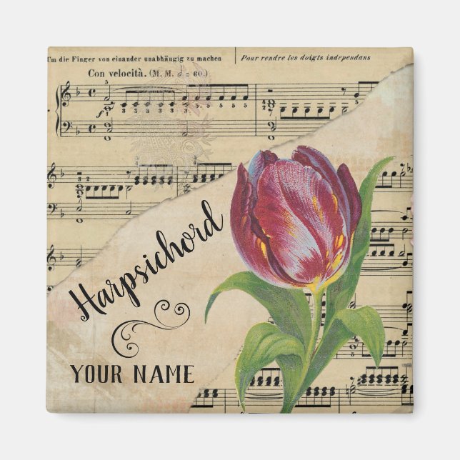 Imán Harpsichord Tulip Vintage Sheet Music Personalizad (Frente)