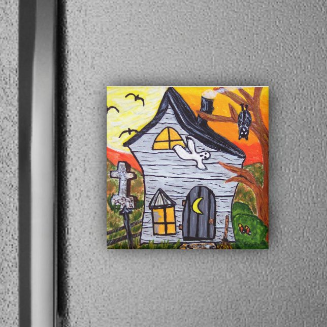 Imán Haunted House Magnet (Cute haunted house ghost graveyard on Halloween Frig magnet.)