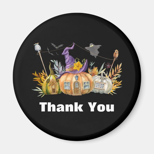 Imán Haunted Pumpkin House with Ghost & Bats Thank You (Frente)