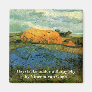 Imán Haystacks Under a Rainy Sky de Vincent van Gogh