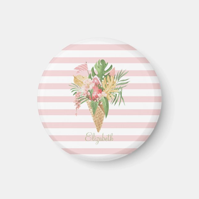 Imán Helado, fruta de hojas tropicales, franjas rosadas (Frente)