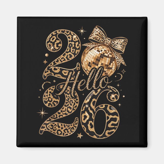 Imán Hello 2026 Leopard Coquette Disco Ball Happy New Y (Frente)
