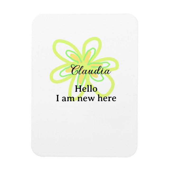 Imán Hello I am new here name yellow green flower kids (Vertical)