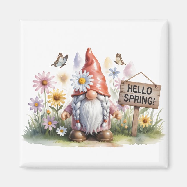 Imán Hello Spring Garden Gnome: Cute Gnome with Braids (Frente)